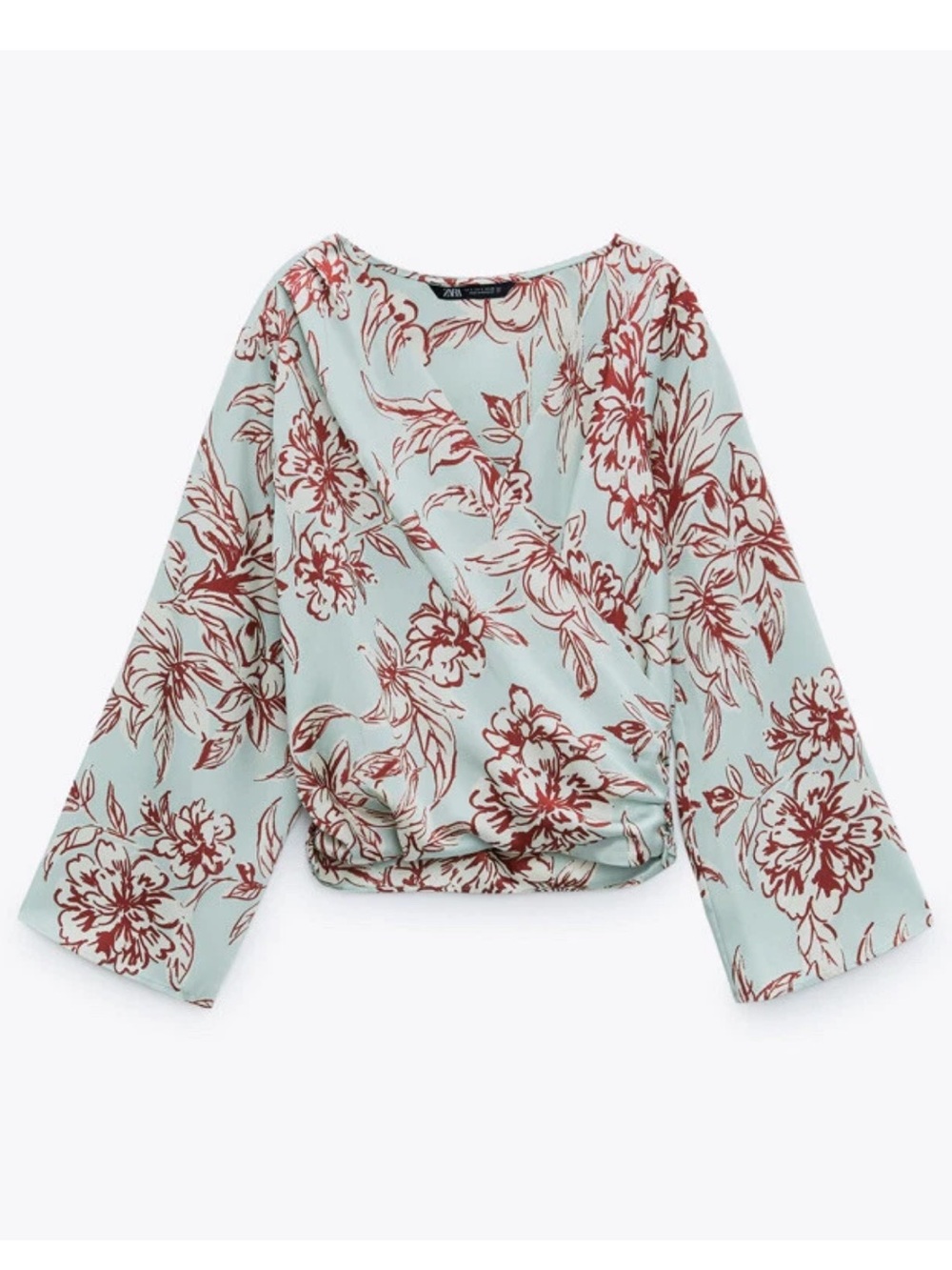 Zara Crossover Wrap Top Aqua Floral Small Side Zip Summer Coastal Mint